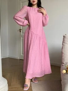 Solavon 女士纯色新款灯笼袖宽松舒适休闲度假连衣裙 - 淺粉色 - 查看 7