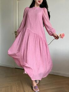 Solavon 女士纯色新款灯笼袖宽松舒适休闲度假连衣裙 - 淺粉色 - 查看 6