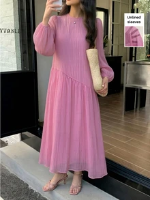 Solavon 女士纯色新款灯笼袖宽松舒适休闲度假连衣裙 - 淺粉色 - 查看 2