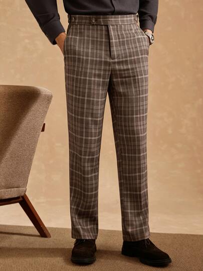 Core Aspect 2026 Spring Summer Men Vintage Brown Plaid Flare Dress Pants, Retro College & Smart Casual Style, Wr
