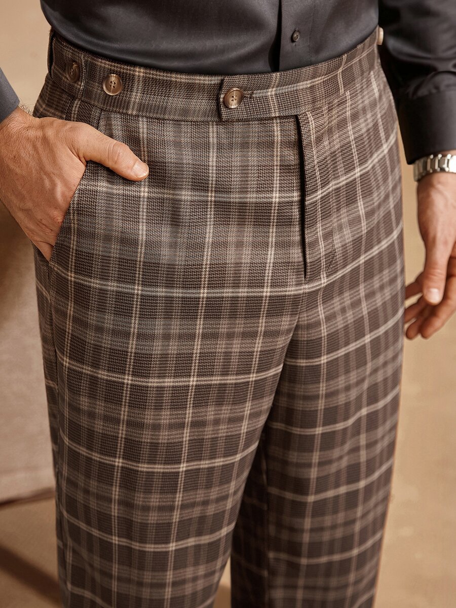 Core Aspect 2026 Spring Summer Men Vintage Brown Plaid Flare Dress Pants, Retro College & Smart Casual Style, Wr - Brown - View 1