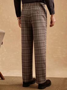 Core Aspect 2026 Spring Summer Men Vintage Brown Plaid Flare Dress Pants, Retro College & Smart Casual Style, Wr - Brown - View 2
