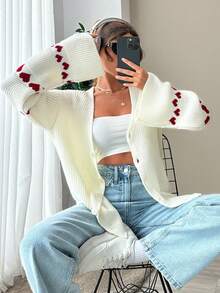 EURMUSE Knitwear Cardigan With Heart Pattern On Sleeves Date White And Red Autumn Casual Romantic - White - View 4