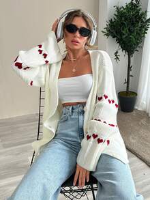 EURMUSE Knitwear Cardigan With Heart Pattern On Sleeves Date White And Red Autumn Casual Romantic - White - View 7