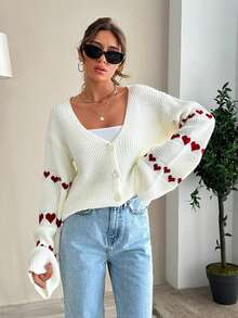 EURMUSE Knitwear Cardigan With Heart Pattern On Sleeves Date White And Red Autumn Casual Romantic - White - View 5