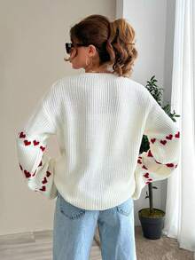 EURMUSE Knitwear Cardigan With Heart Pattern On Sleeves Date White And Red Autumn Casual Romantic - White - View 6