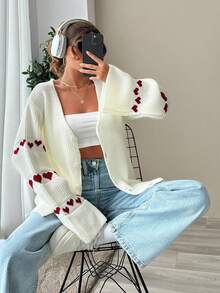 EURMUSE Knitwear Cardigan With Heart Pattern On Sleeves Date White And Red Autumn Casual Romantic - White - View 8
