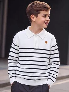 SHEIN Kids Tween Boy Casual Preppy Style Comfortable Fashion Simple Practical Versatile Half-Open Collar Striped Soft Thick Sweater, Suitable For Outdoor Play, Suitable For Children's Clothing, Suitable For Back To School Season, Suitable For School, Suitable For Travel, Suitable For Sports, Suitable For Autumn/Winter. - Black and White - View 4