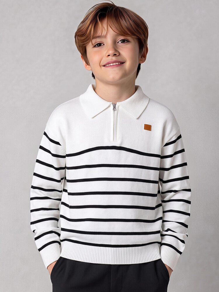 SHEIN Kids Tween Boy Casual Preppy Style Comfortable Fashion Simple Practical Versatile Half-Open Collar Striped Soft Thick Sweater, Suitable For Outdoor Play, Suitable For Children's Clothing, Suitable For Back To School Season, Suitable For School, Suitable For Travel, Suitable For Sports, Suitable For Autumn/Winter. - Black and White - View 4