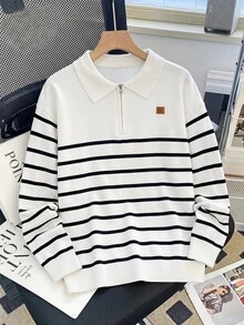 SHEIN Kids Tween Boy Casual Preppy Style Comfortable Fashion Simple Practical Versatile Half-Open Collar Striped Soft Thick Sweater, Suitable For Outdoor Play, Suitable For Children's Clothing, Suitable For Back To School Season, Suitable For School, Suitable For Travel, Suitable For Sports, Suitable For Autumn/Winter. - Black and White - View 3