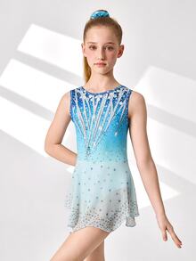 Tween Girls Elegant Blue Rhinestone Printed Figure Skating Training Competition Dress, Fitted Mesh Skirt, Comfortable & Fashionable Sportswear - Blue - View 4