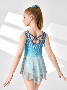 Tween Girls Elegant Blue Rhinestone Printed Figure Skating Training Competition Dress, Fitted Mesh Skirt, Comfortable & Fashionable Sportswear - Blue - View 2