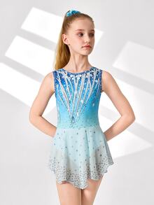 Tween Girls Elegant Blue Rhinestone Printed Figure Skating Training Competition Dress, Fitted Mesh Skirt, Comfortable & Fashionable Sportswear - Blue - View 6