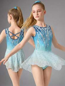 Tween Girls Elegant Blue Rhinestone Printed Figure Skating Training Competition Dress, Fitted Mesh Skirt, Comfortable & Fashionable Sportswear - Blue - View 1
