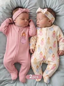 SHEIN 2pcs Newborn Baby Girl Elastic Fleece Cute Printed Pattern Zipper Front Footed Round Neck Autumn Jumpsuit Set, Suitable For Winter - Pink - View 1