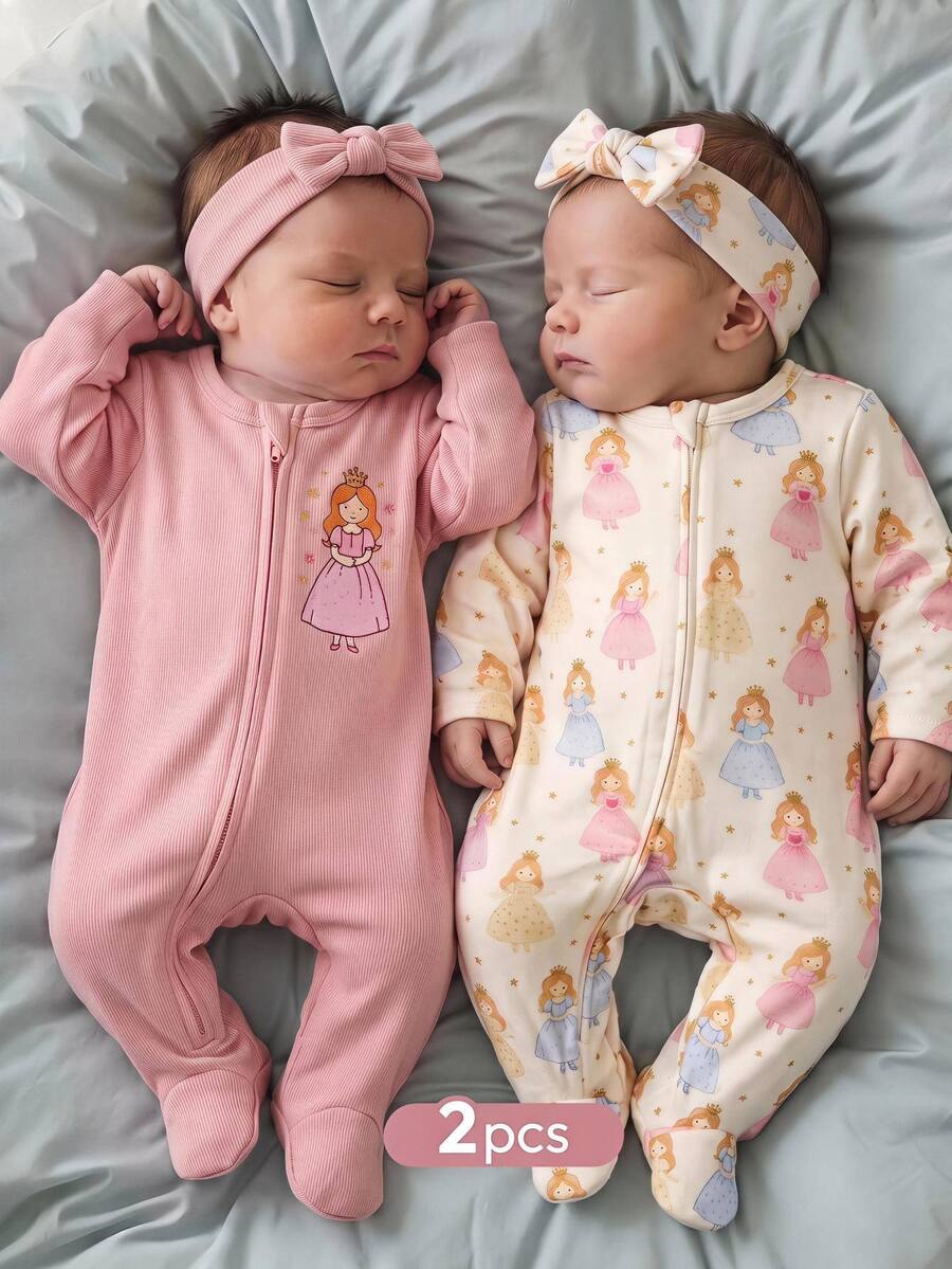 SHEIN 2pcs Newborn Baby Girl Elastic Fleece Cute Printed Pattern Zipper Front Footed Round Neck Autumn Jumpsuit Set, Suitable For Winter - Pink - View 1