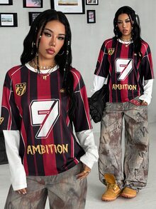 Coolane Women's Fall/Winter Streetwear Casual Sportswear Game Day Ricing Graphics Striped Stretchy Black&Red Loose Patchwork Long Sleeve T-Shirt - Red - View 3