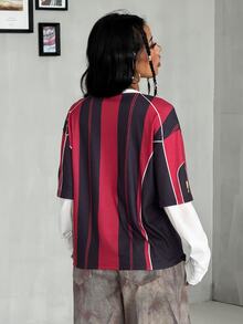 Coolane Women's Fall/Winter Streetwear Casual Sportswear Game Day Ricing Graphics Striped Stretchy Black&Red Loose Patchwork Long Sleeve T-Shirt - Red - View 5