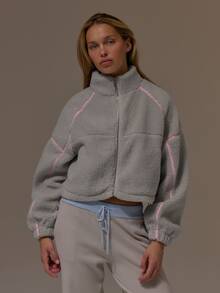 Musera Sport جاكيت صوف بورج قصير بقصة مربعة وسحاب كامل وياقة عالية مع لوحات متباينة، لطيف وأنثوي، للخريف والشتاء، مناسب للجيم والعطلات، بتصميم رقيق وألوان ثلجية - رمادي - مشاهدة 1