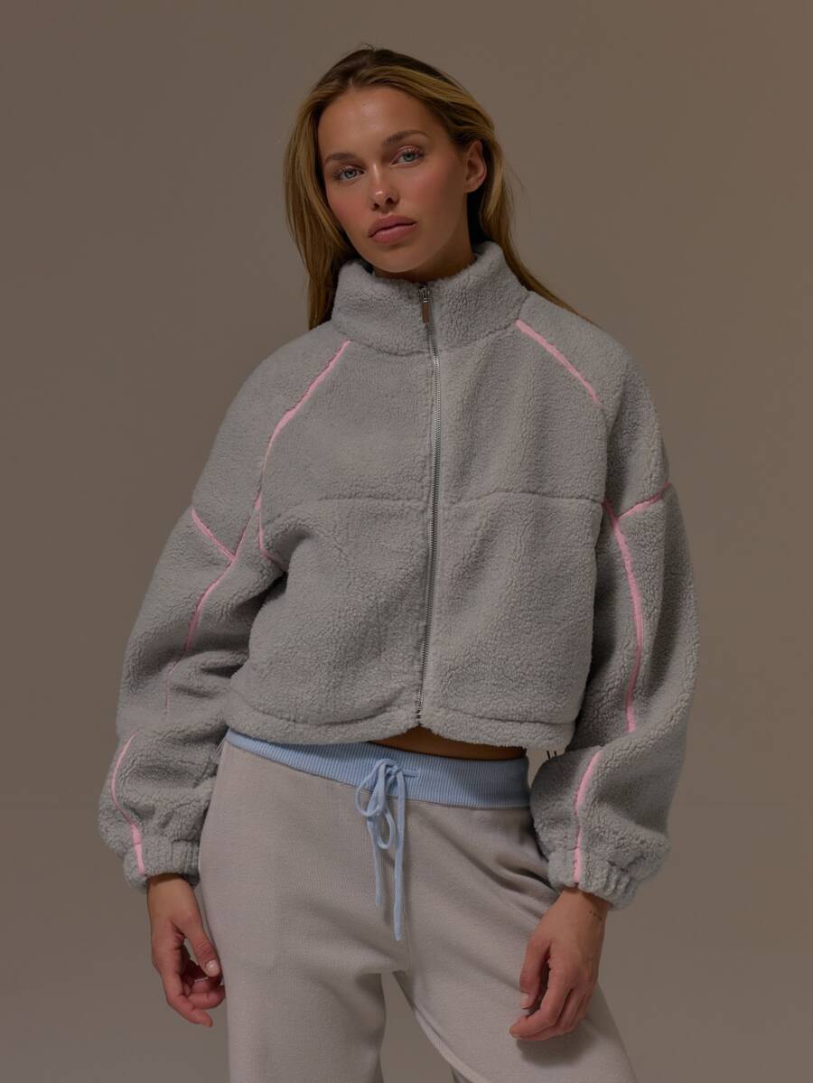Musera Sport جاكيت صوف بورج قصير بقصة مربعة وسحاب كامل وياقة عالية مع لوحات متباينة، لطيف وأنثوي، للخريف والشتاء، مناسب للجيم والعطلات، بتصميم رقيق وألوان ثلجية - رمادي - مشاهدة 1