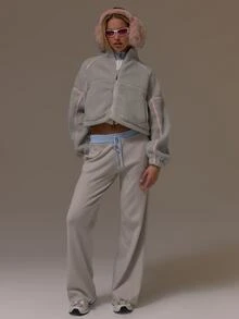Musera Sport جاكيت صوف بورج قصير بقصة مربعة وسحاب كامل وياقة عالية مع لوحات متباينة، لطيف وأنثوي، للخريف والشتاء، مناسب للجيم والعطلات، بتصميم رقيق وألوان ثلجية - رمادي - مشاهدة 2