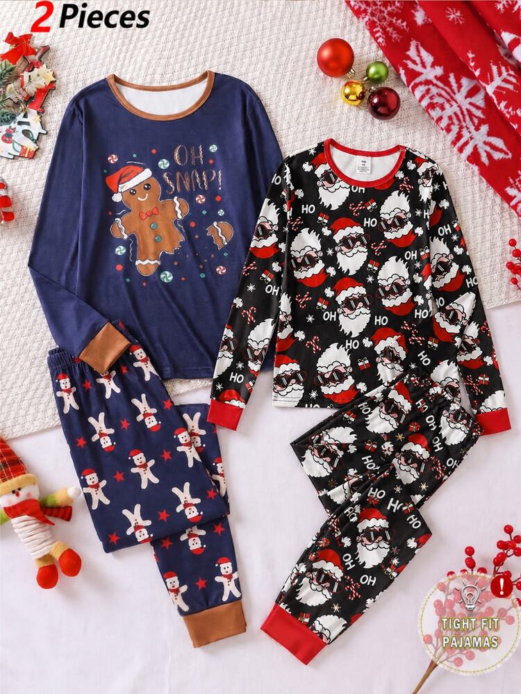 Santa Claus Tween Boy Autumn/Winter Pajamas Christmas Snug Fit Long Sleeve Pants Print Letter Tight Pajama - Red - View 1