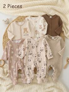 SHEIN Newborn Home Romper, Unisex Baby Long Sleeve Snap Button Bodysuit, Dinosaur Elephant Car Cartoon Print, Soft Skin-Friendly For All Seasons Home Or Outings - Multicolor - View 7