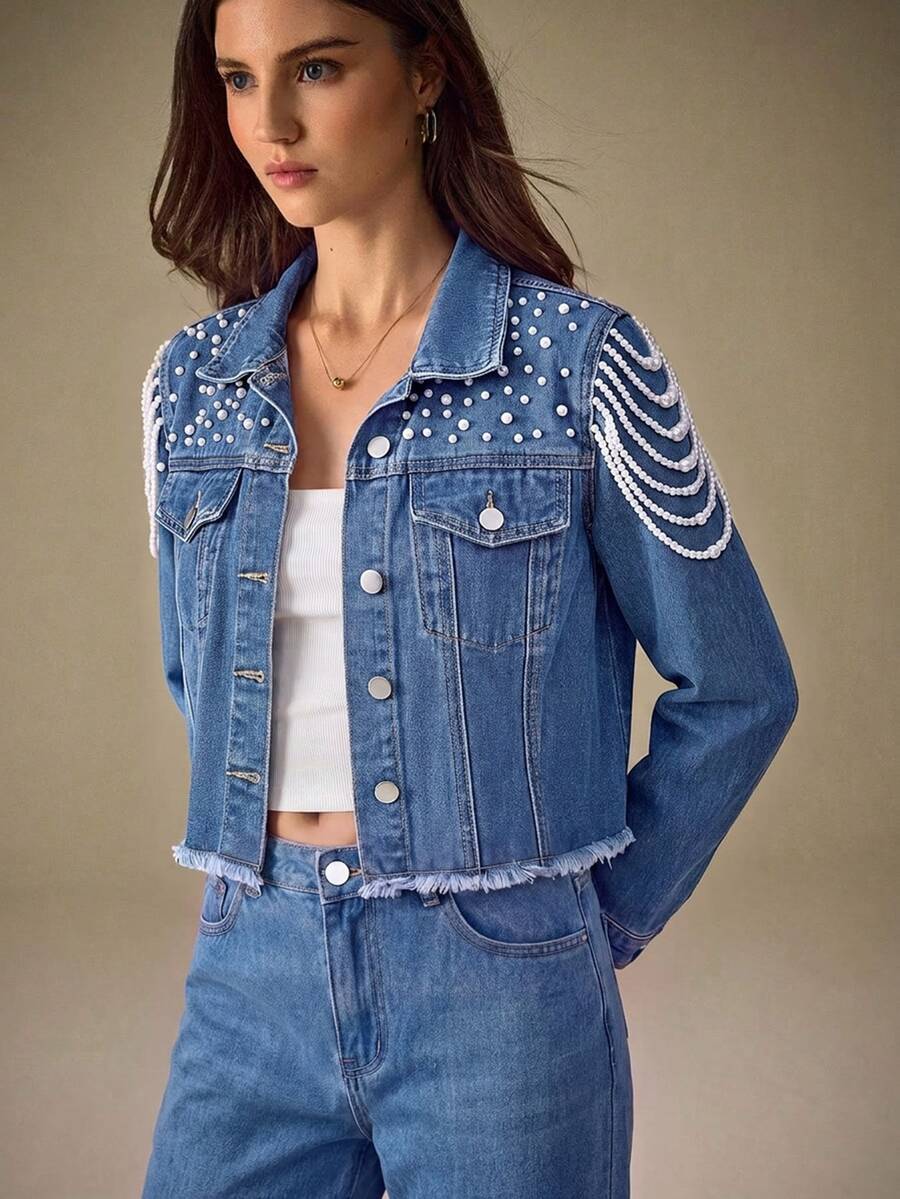 Selenza Women's Faux Pearl Decor Casual Daily Denim Top - Medium Wash - View 1