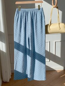 SHEIN EZwear 女款編織腰帶波點圖案寬鬆休閒長褲 - 淺藍色 - 查看 2