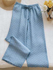SHEIN EZwear 女款編織腰帶波點圖案寬鬆休閒長褲 - 淺藍色 - 查看 8
