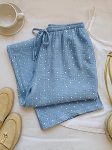 SHEIN EZwear 女款編織腰帶波點圖案寬鬆休閒長褲 - 淺藍色 - 查看 7