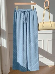 SHEIN EZwear 女款編織腰帶波點圖案寬鬆休閒長褲 - 淺藍色 - 查看 6