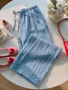 SHEIN EZwear 女款編織腰帶波點圖案寬鬆休閒長褲 - 淺藍色 - 查看 3
