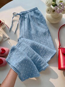 SHEIN EZwear 女款編織腰帶波點圖案寬鬆休閒長褲 - 淺藍色 - 查看 4