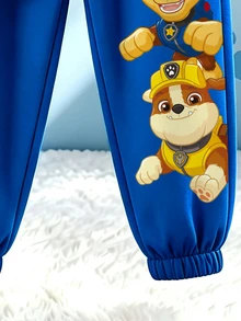 SHEIN | PAW Patrol 小男孩拼色連帽衛衣卡通狗彈性腰藍色慢跑褲休閒日常套裝冬季生日花童白色 - 藍色 - 查看 5