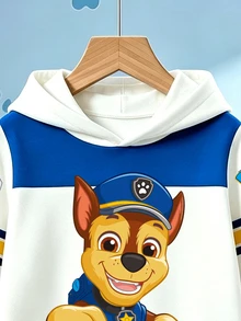 SHEIN | PAW Patrol 小男孩拼色連帽衛衣卡通狗彈性腰藍色慢跑褲休閒日常套裝冬季生日花童白色 - 藍色 - 查看 6