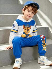 SHEIN | PAW Patrol 小男孩拼色連帽衛衣卡通狗彈性腰藍色慢跑褲休閒日常套裝冬季生日花童白色 - 藍色 - 查看 1