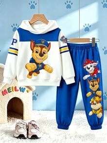 SHEIN | PAW Patrol 小男孩拼色連帽衛衣卡通狗彈性腰藍色慢跑褲休閒日常套裝冬季生日花童白色 - 藍色 - 查看 4
