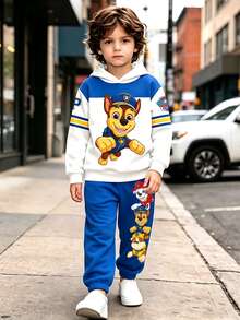 SHEIN | PAW Patrol 小男孩拼色連帽衛衣卡通狗彈性腰藍色慢跑褲休閒日常套裝冬季生日花童白色 - 藍色 - 查看 3