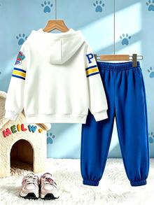 SHEIN | PAW Patrol 小男孩拼色連帽衛衣卡通狗彈性腰藍色慢跑褲休閒日常套裝冬季生日花童白色 - 藍色 - 查看 2