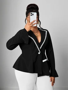 Maweii طقم جاكيت وبنطلون بأكمام طويلة بتصميم كتل لونية للنساء بمقاسات كبيرة - أبيض وأسود - مشاهدة 8