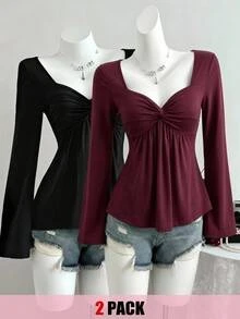 SHEIN Teen Girl Teen Girls Front Knot Elegant Casual Snug Fit Versatile Comfortable Long Sleeve 2pcs T-Shirt Set School Ball Black Burgundy Autumn - Multicolor - View 3