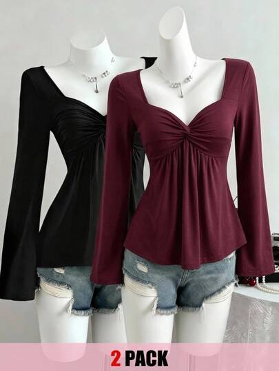 SHEIN Teen Girl Teen Girls Front Knot Elegant Casual Snug Fit Versatile Comfortable Long Sleeve 2pcs T-Shirt Set School Ball Black Burgundy Autumn