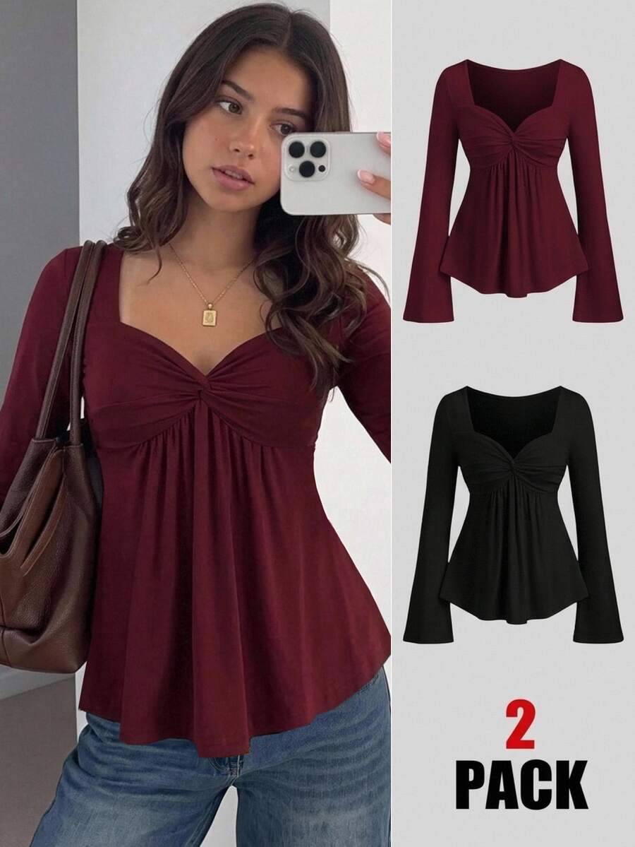 SHEIN Teen Girl Teen Girls Front Knot Elegant Casual Snug Fit Versatile Comfortable Long Sleeve 2pcs T-Shirt Set School Ball Black Burgundy Autumn - Multicolor - View 1