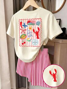 Elladie kids (Random Pattern, 1 Set Random) Girls' Floral Sun Lobster Shell Cherry Bow Thin Pink Burgundy Vertical Stripe Pattern Basic Short T-Shirt And Shorts - Multicolor - View 3