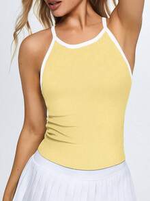 SHEIN Sovereign Charm Women's Yellow Seamless Contrast Binding Fitted Sports Camisole With Chest Pads - Yellow - View 9