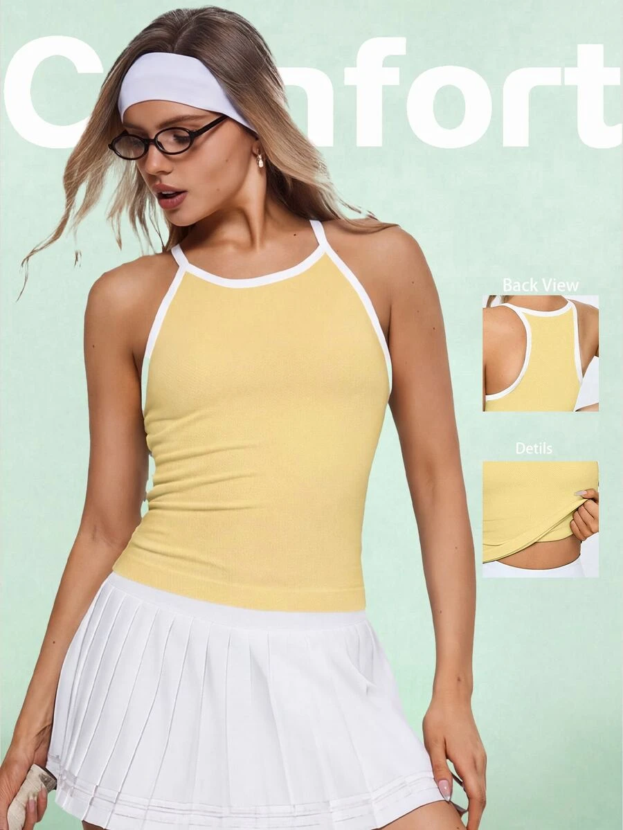 SHEIN Sovereign Charm Women's Yellow Seamless Contrast Binding Fitted Sports Camisole With Chest Pads - Yellow - View 1