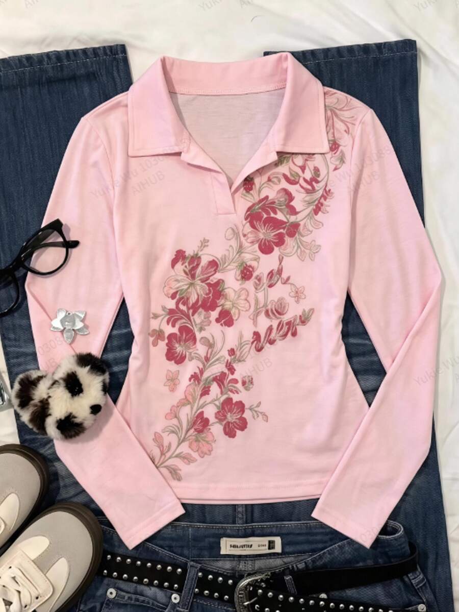SHEIN Tween女孩秋季粉色花卉長袖T恤，可愛休閒日常穿著，返校假期款 - 粉色 - 查看 1