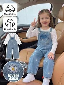 SHEIN Vintaside Kids 少女休閒百搭牛仔吊帶褲，四季皆宜，復古淺藍牛仔色搭配雛菊與向日葵刺繡，寬鬆直筒版型，舒適純棉牛仔布，日常穿著時尚百搭套裝 - 中等水洗藍 - 查看 8