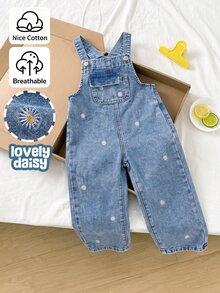 SHEIN Vintaside Kids 少女休閒百搭牛仔吊帶褲，四季皆宜，復古淺藍牛仔色搭配雛菊與向日葵刺繡，寬鬆直筒版型，舒適純棉牛仔布，日常穿著時尚百搭套裝 - 中等水洗藍 - 查看 1